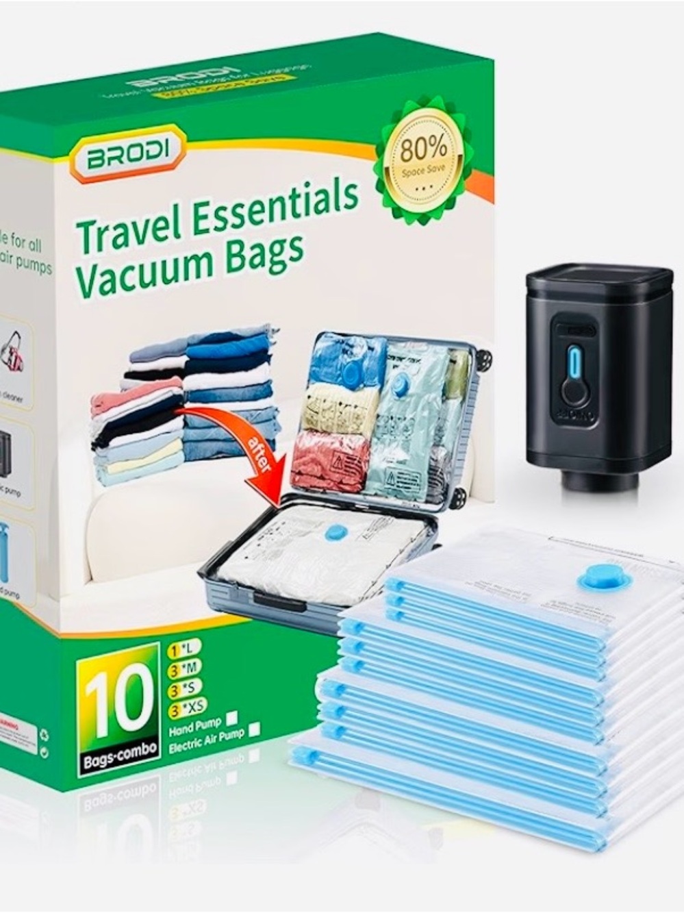 BRODI Travel Essentials Vacuum Storage Bags - Blue (10-Pack) with pump